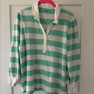 LOFT Mint Green and White Striped Polo Shirt